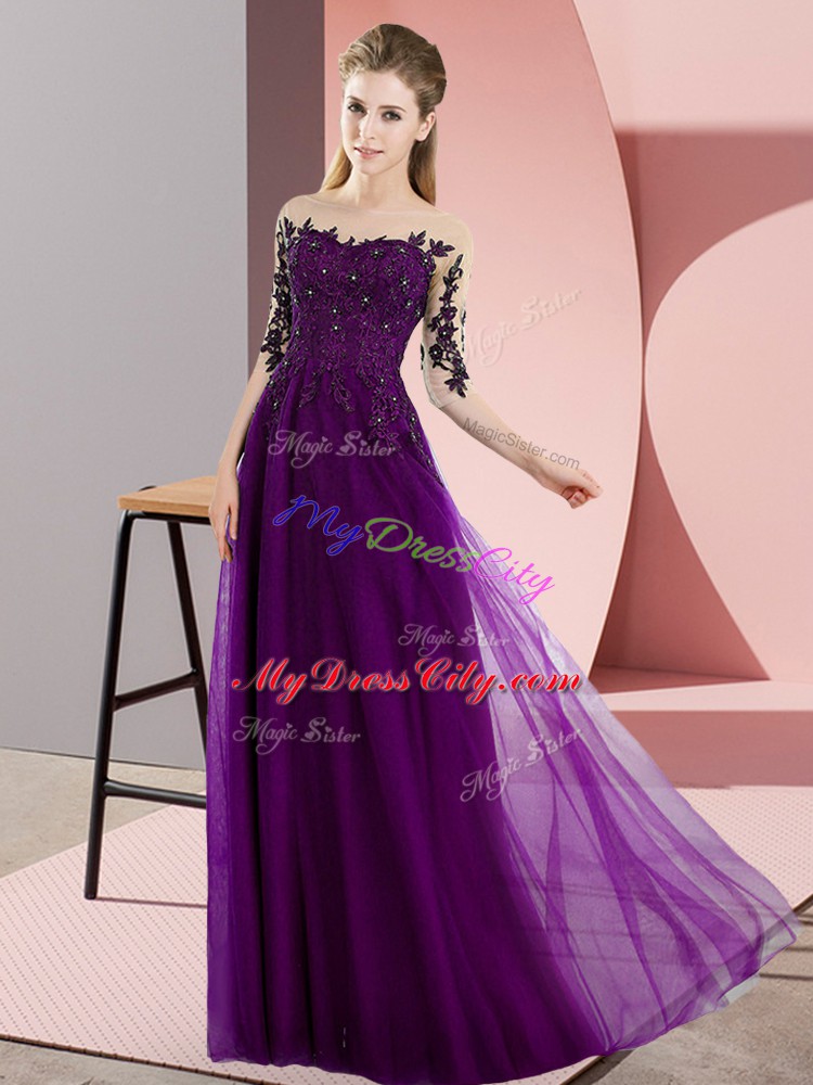 Dark Purple Half Sleeves Beading and Lace Floor Length Bridesmaid Dress