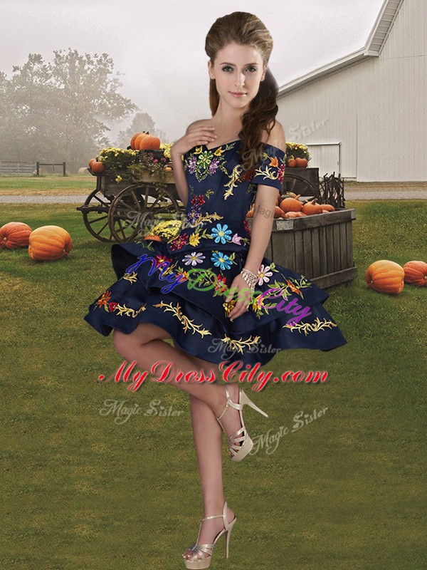 Organza Off The Shoulder Sleeveless Lace Up Embroidery and Ruffled Layers Sweet 16 Quinceanera Dress in Blue And Black