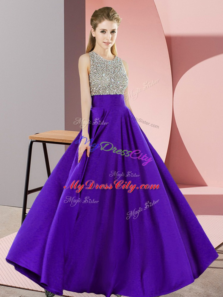 Affordable Elastic Woven Satin Scoop Sleeveless Backless Beading Juniors Evening Dress in Purple