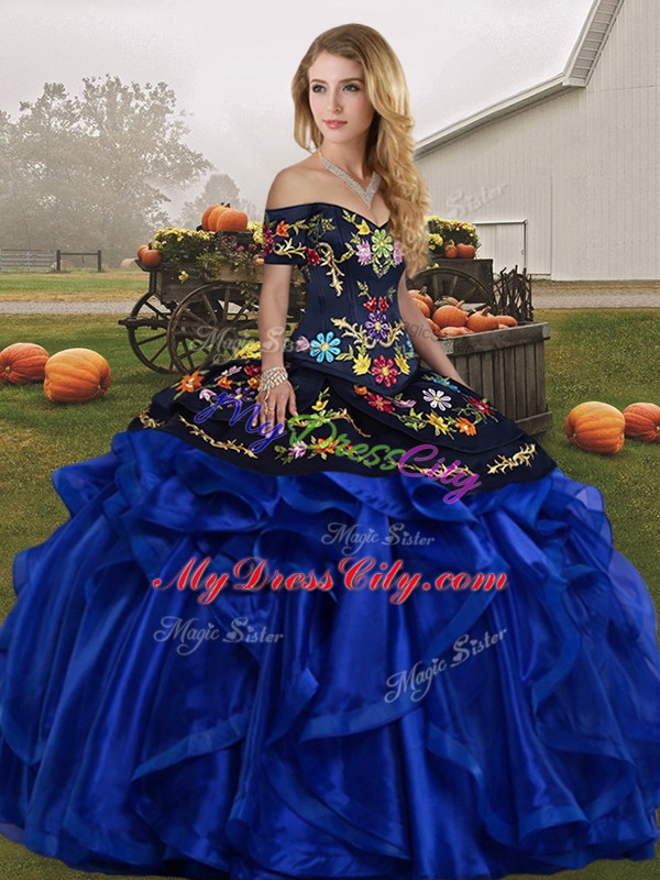Discount Blue And Black Ball Gowns Organza Off The Shoulder Sleeveless Embroidery and Ruffles Floor Length Lace Up Quinceanera Gowns