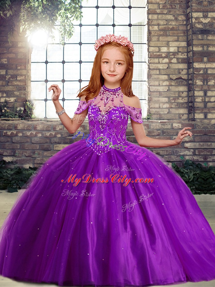 Beading Pageant Gowns For Girls Purple Lace Up Sleeveless Floor Length