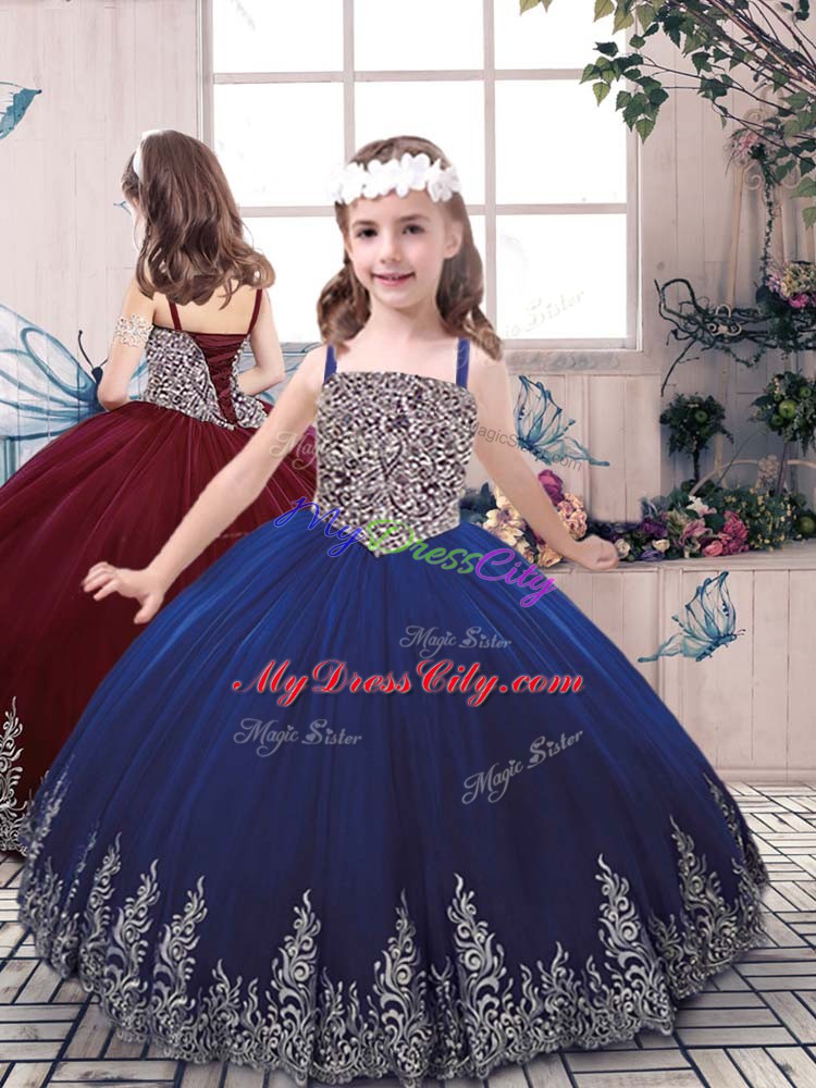 Blue Ball Gowns Tulle Straps Sleeveless Beading and Embroidery Floor Length Lace Up Pageant Gowns For Girls