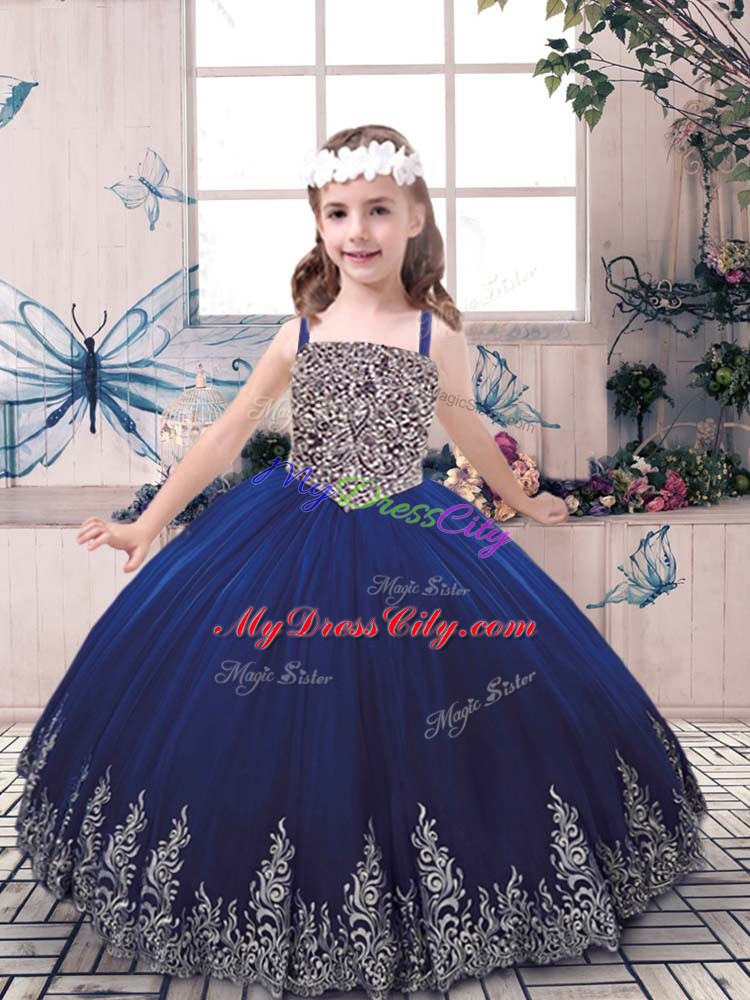 Blue Ball Gowns Tulle Straps Sleeveless Beading and Embroidery Floor Length Lace Up Pageant Gowns For Girls