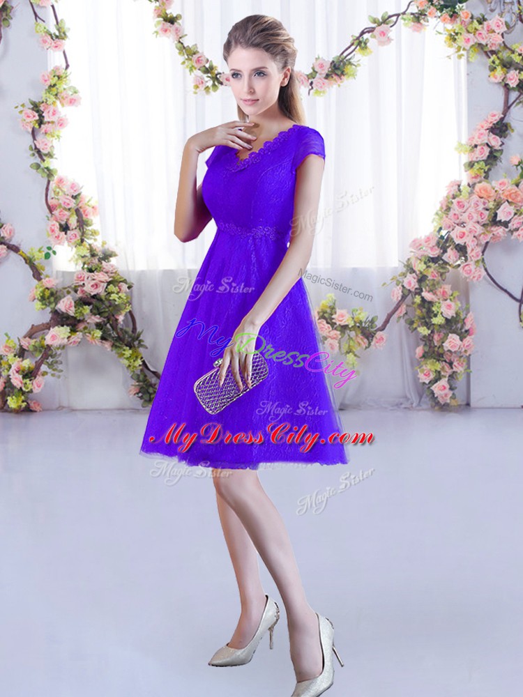 Discount Purple Lace Lace Up Bridesmaid Dress Cap Sleeves Mini Length Lace