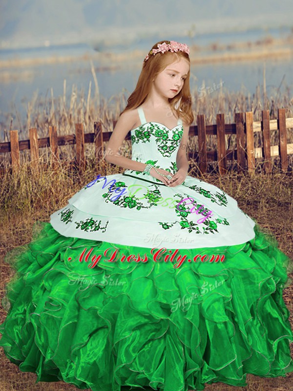 Green Lace Up Straps Embroidery Little Girls Pageant Dress Organza Sleeveless