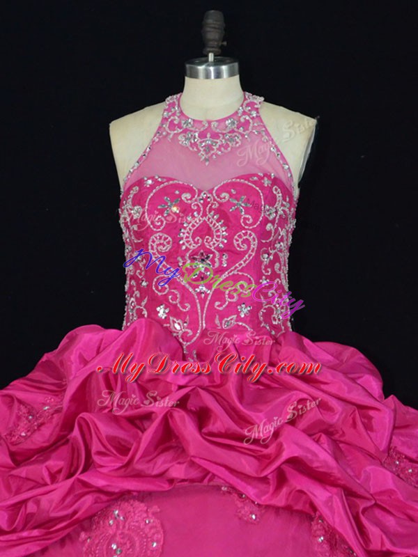 Attractive Hot Pink Sleeveless Beading and Appliques and Embroidery and Pick Ups Quinceanera Dress