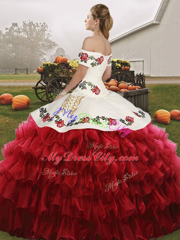 Traditional Wine Red Sweet 16 Dresses Military Ball and Sweet 16 and Quinceanera with Embroidery and Ruffled Layers Off The Shoulder Sleeveless Lace Up
