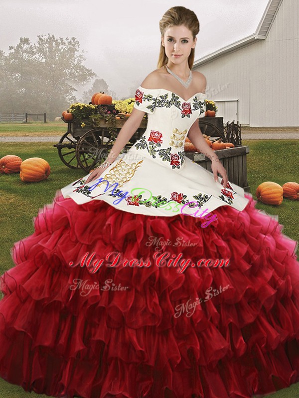 Traditional Wine Red Sweet 16 Dresses Military Ball and Sweet 16 and Quinceanera with Embroidery and Ruffled Layers Off The Shoulder Sleeveless Lace Up