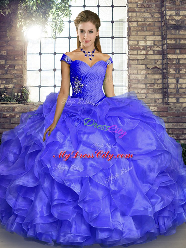 Wonderful Lavender 15 Quinceanera Dress Military Ball and Sweet 16 and Quinceanera with Beading and Ruffles Off The Shoulder Sleeveless Lace Up