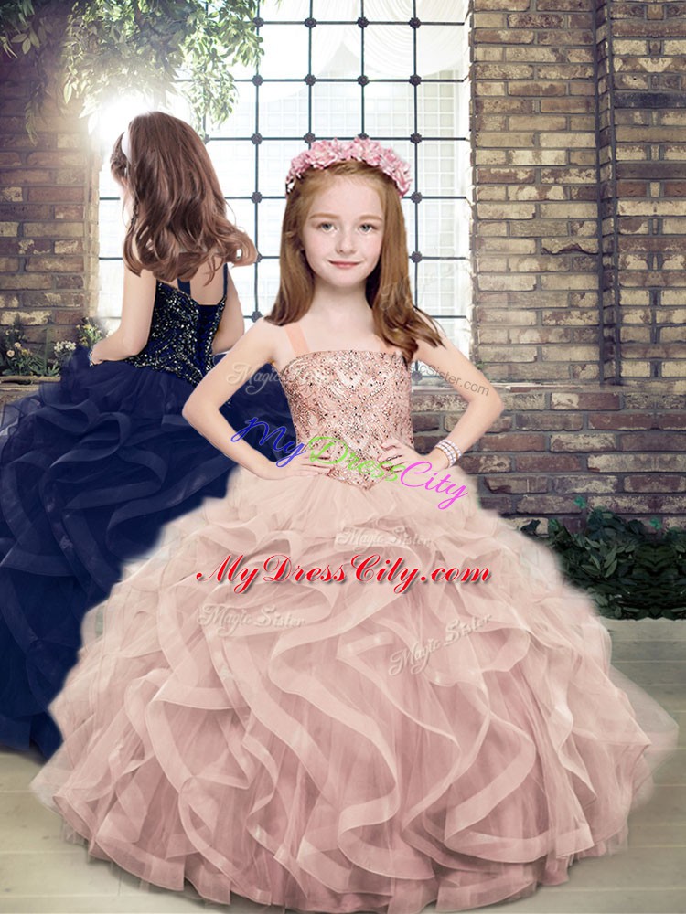 Luxurious Pink Tulle Lace Up Straps Sleeveless Floor Length Little Girls Pageant Dress Beading and Ruffles
