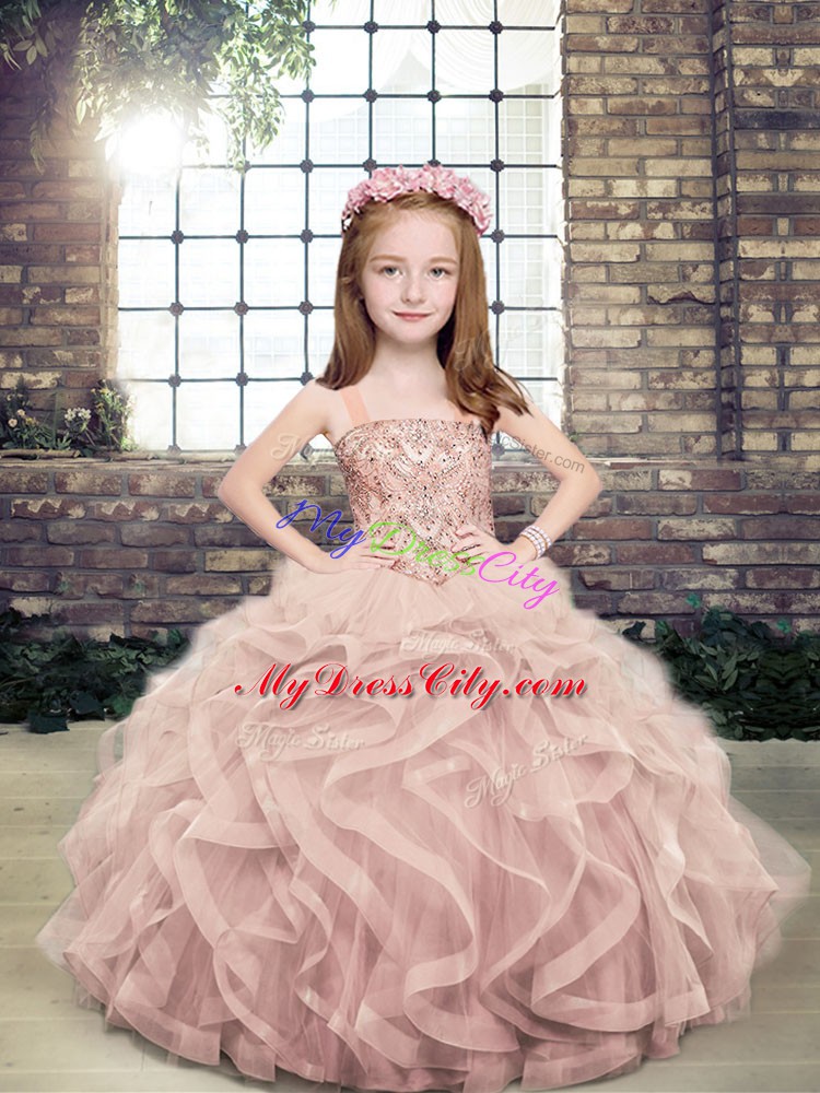 Luxurious Pink Tulle Lace Up Straps Sleeveless Floor Length Little Girls Pageant Dress Beading and Ruffles
