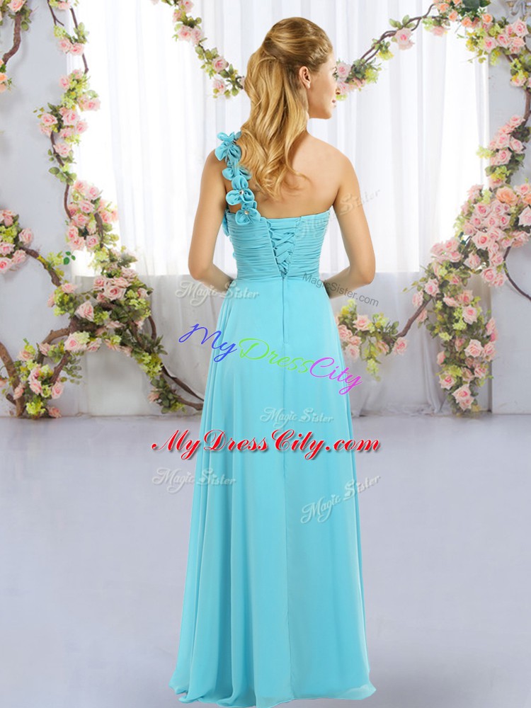 Empire Chiffon One Shoulder Sleeveless Hand Made Flower Floor Length Lace Up Court Dresses for Sweet 16