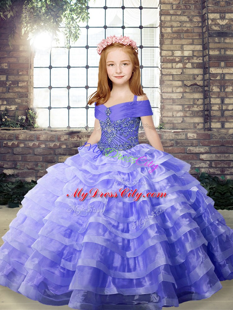 Perfect Lavender Organza Lace Up Straps Sleeveless Pageant Gowns For Girls Brush Train Beading and Ruffled Layers