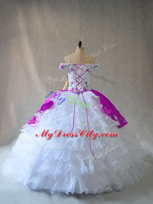 Floor Length White And Purple Ball Gown Prom Dress Organza Sleeveless Embroidery and Ruffles