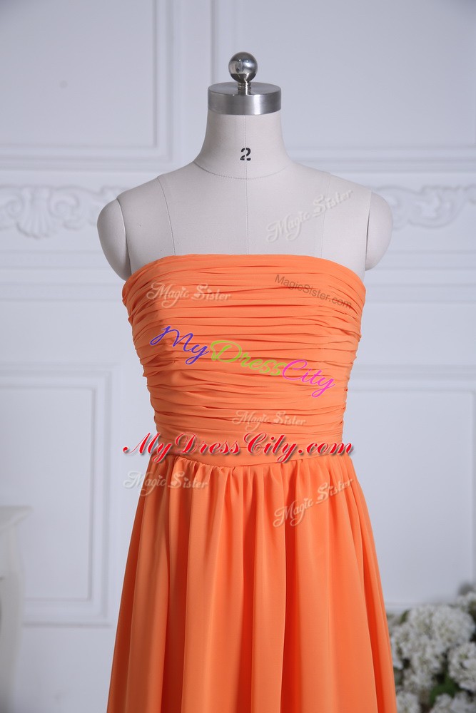 Flare Ruching Vestidos de Damas Orange Zipper Sleeveless Floor Length