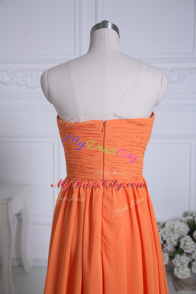 Flare Ruching Vestidos de Damas Orange Zipper Sleeveless Floor Length