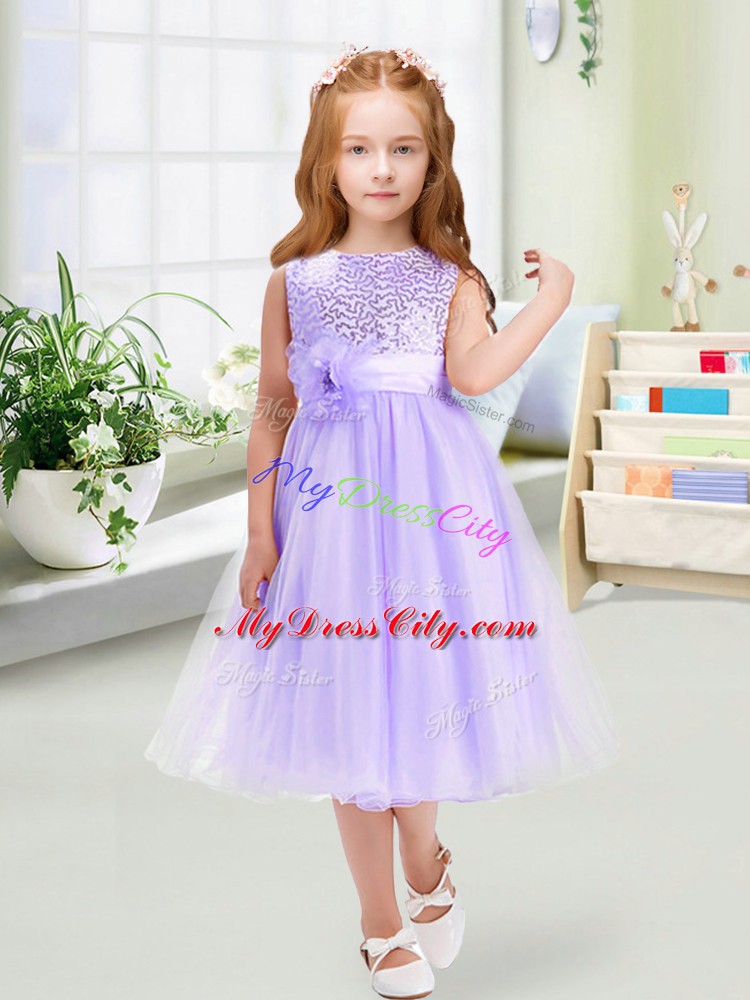 Clearance Lavender Zipper Flower Girl Dress Sequins and Hand Made Flower Sleeveless Tea Length