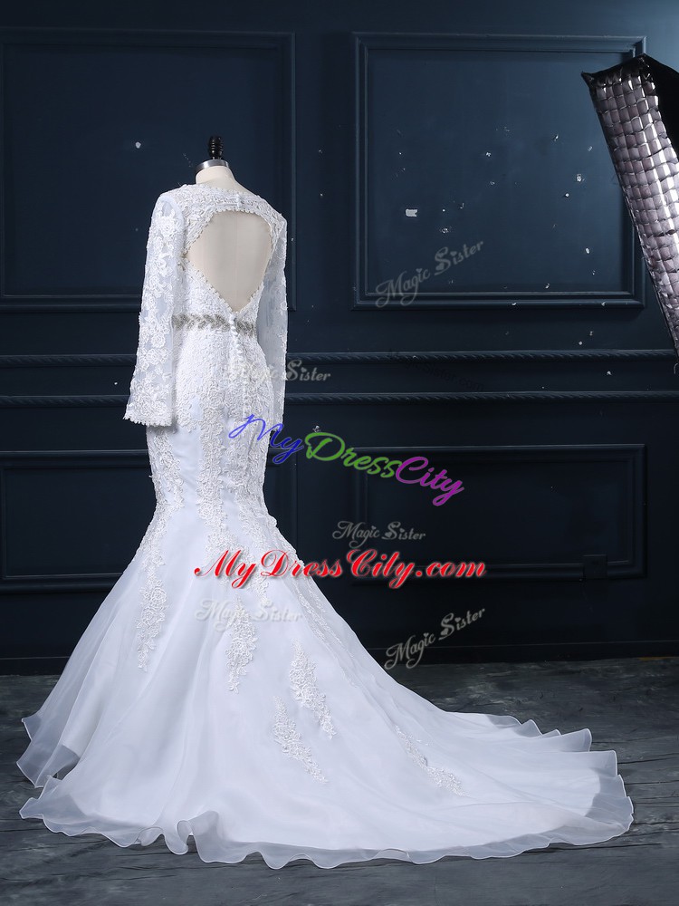 Gorgeous White Backless V-neck Beading and Lace Wedding Dress Organza Long Sleeves Brush Train