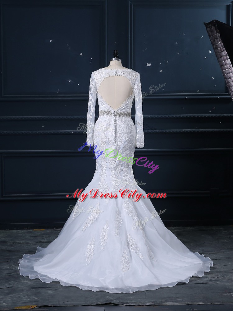 Gorgeous White Backless V-neck Beading and Lace Wedding Dress Organza Long Sleeves Brush Train