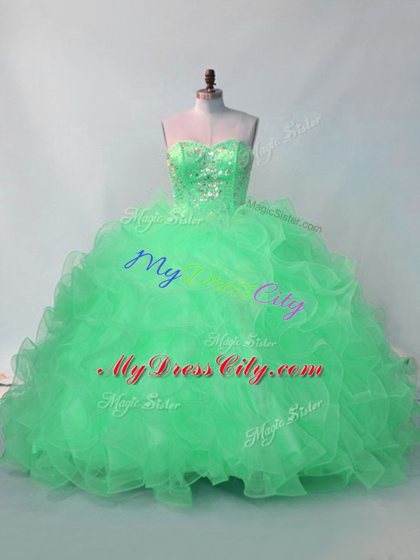 Affordable Floor Length Green Sweet 16 Quinceanera Dress Organza Sleeveless Beading and Ruffles