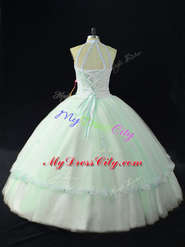 Glamorous Apple Green Lace Up 15 Quinceanera Dress Beading Sleeveless Floor Length