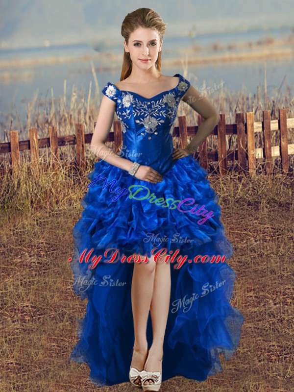 Royal Blue Prom Evening Gown Prom and Party and Military Ball with Embroidery and Ruffles Off The Shoulder Sleeveless Lace Up