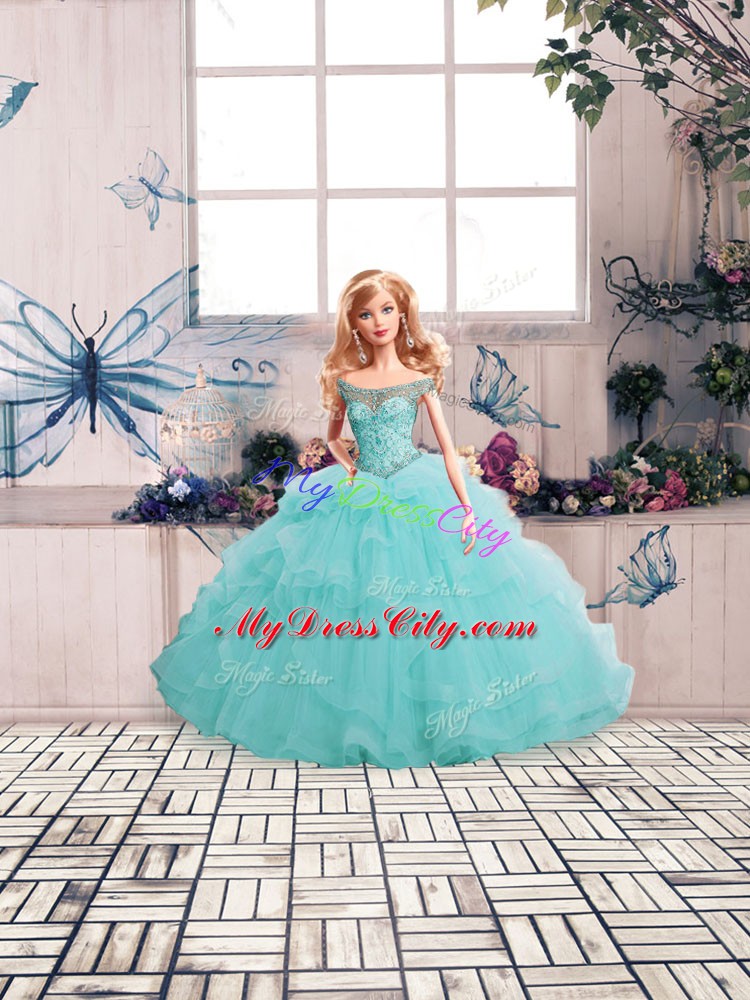 Floor Length Aqua Blue Quinceanera Gowns Tulle Sleeveless Beading and Ruffles