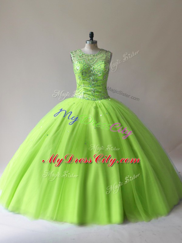 Sleeveless Tulle Floor Length Lace Up Sweet 16 Dresses in with Beading