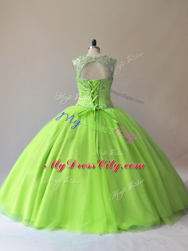 Sleeveless Tulle Floor Length Lace Up Sweet 16 Dresses in with Beading
