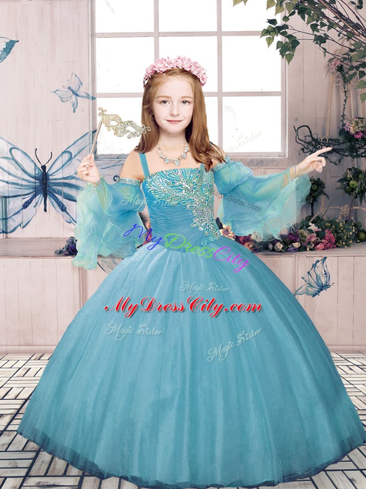Blue Tulle Lace Up Straps Sleeveless Floor Length Little Girls Pageant Gowns Beading