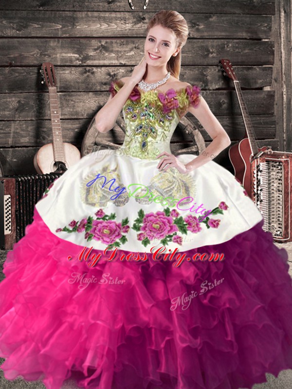 Flare Floor Length Ball Gowns Sleeveless Fuchsia Sweet 16 Dress Lace Up