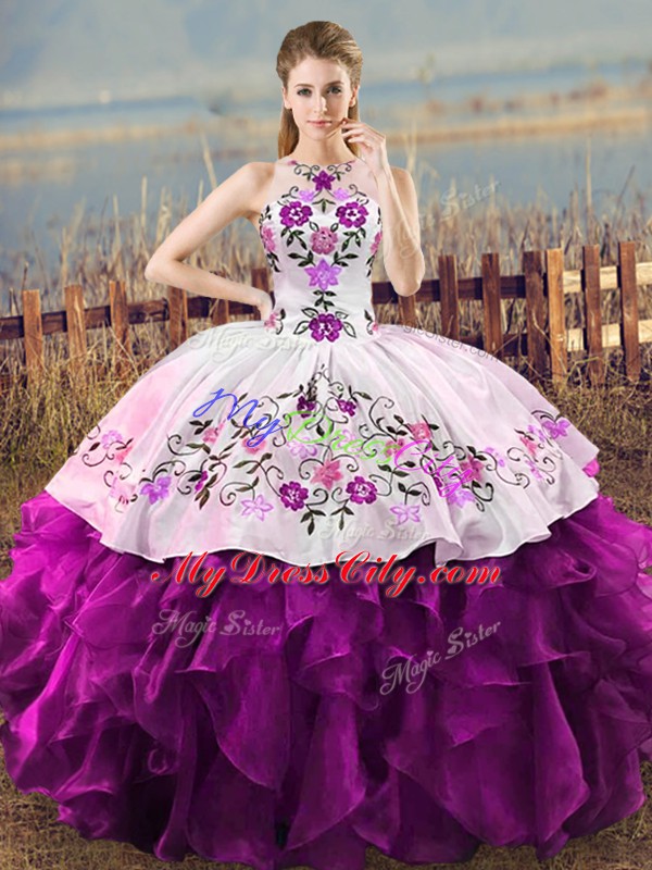 White And Purple Sleeveless Organza Lace Up Sweet 16 Dress for Sweet 16 and Quinceanera