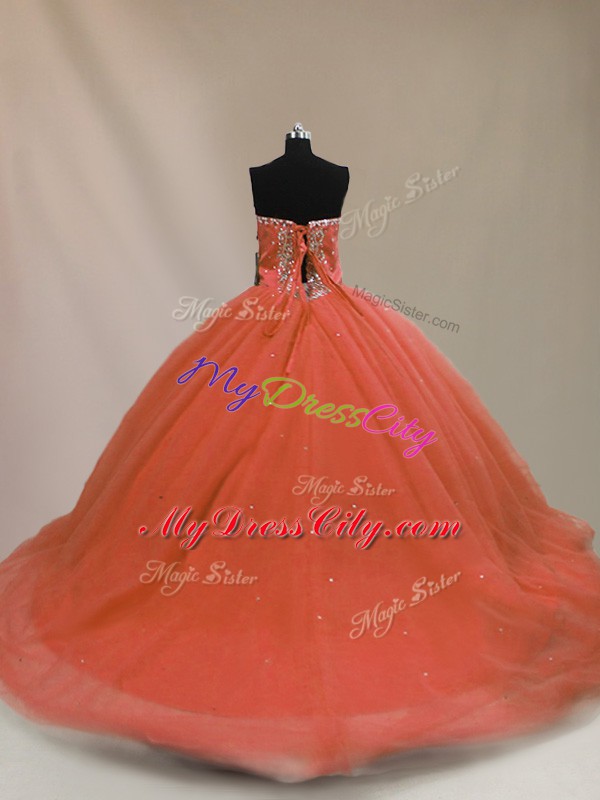 On Sale Orange 15 Quinceanera Dress Tulle Brush Train Sleeveless Beading