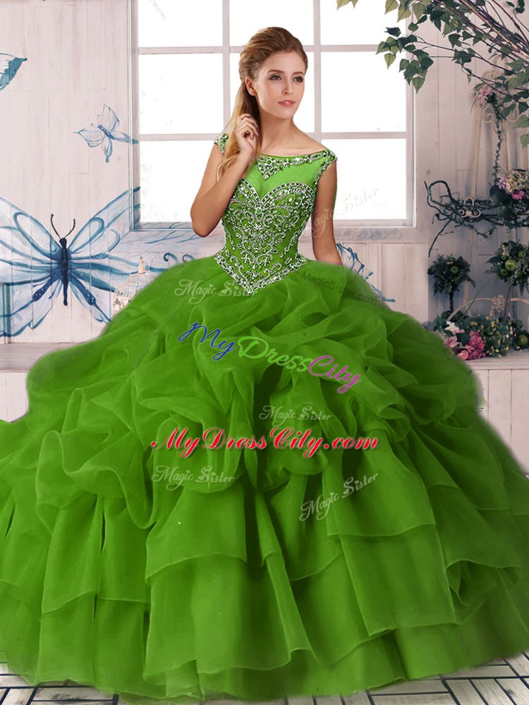 Vintage Green Zipper Scoop Beading and Pick Ups Quinceanera Gown Organza Sleeveless Brush Train