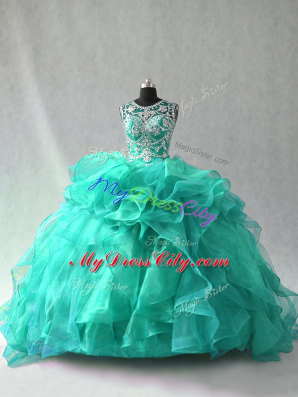 Super Scoop Sleeveless Quince Ball Gowns Floor Length Beading and Ruffles Turquoise Organza