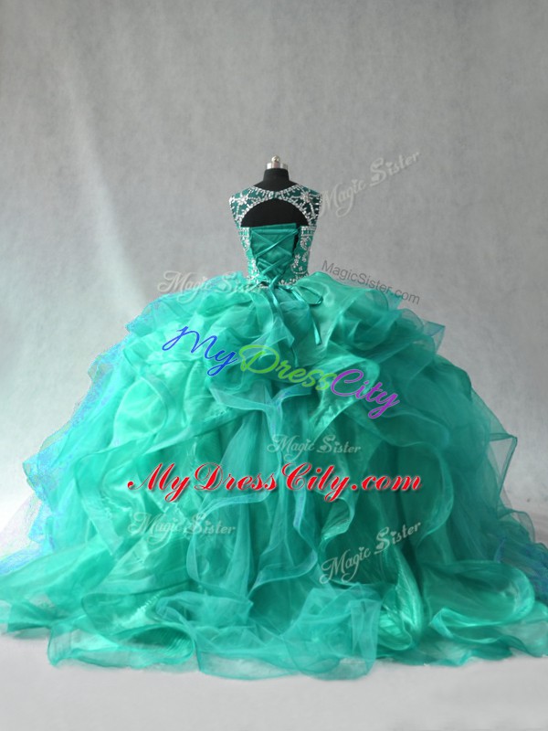 Super Scoop Sleeveless Quince Ball Gowns Floor Length Beading and Ruffles Turquoise Organza