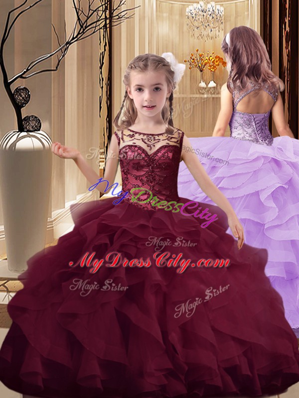 Attractive Lace Up Little Girls Pageant Dress Burgundy for Party and Wedding Party with Beading and Ruffles Brush Train