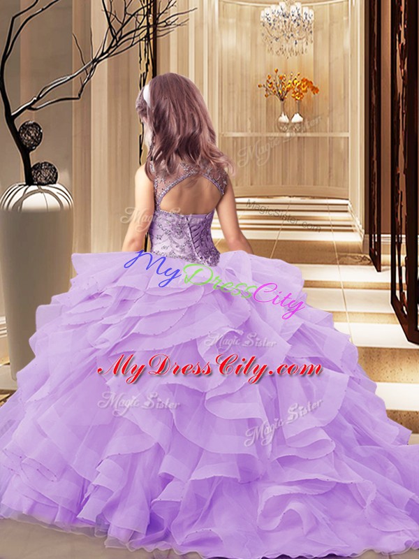Attractive Lace Up Little Girls Pageant Dress Burgundy for Party and Wedding Party with Beading and Ruffles Brush Train