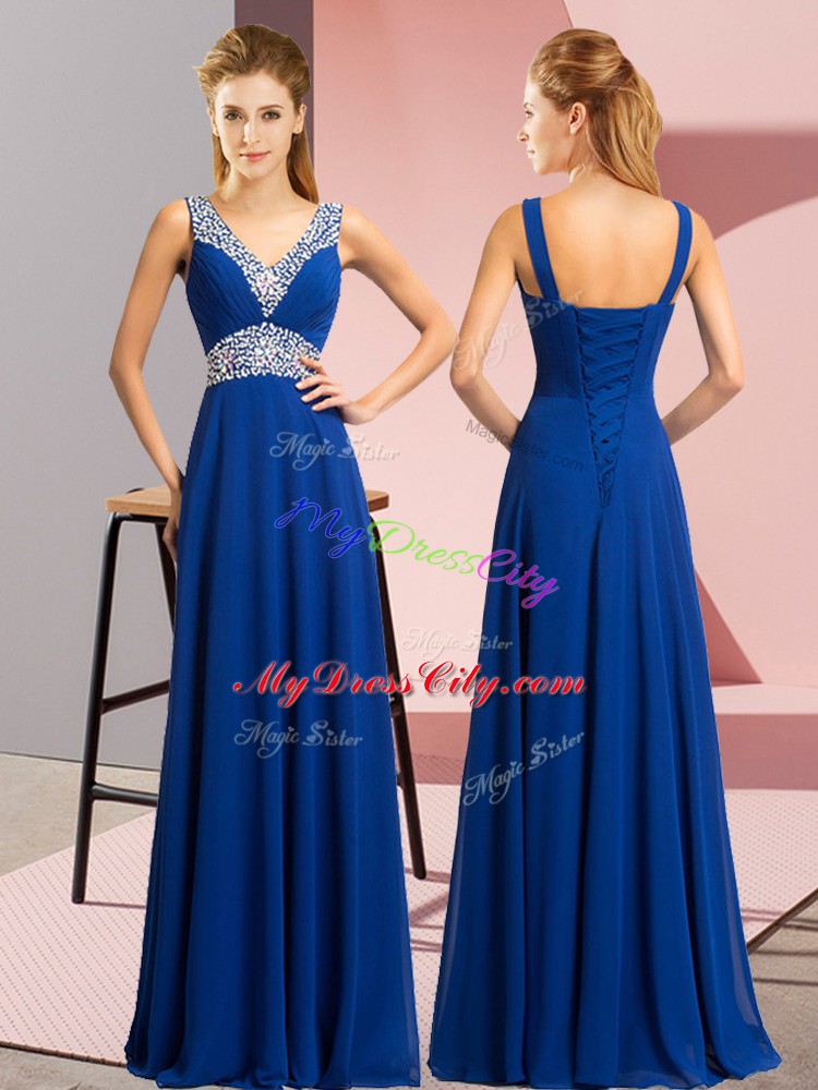 Simple Royal Blue Sleeveless Beading Floor Length Prom Party Dress
