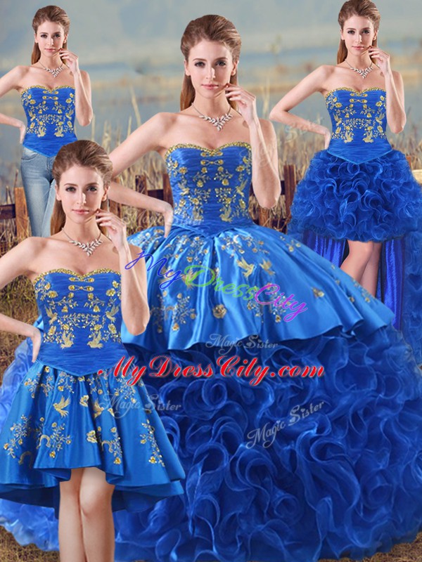 Royal Blue Sleeveless Embroidery and Ruffles Floor Length Quinceanera Gowns