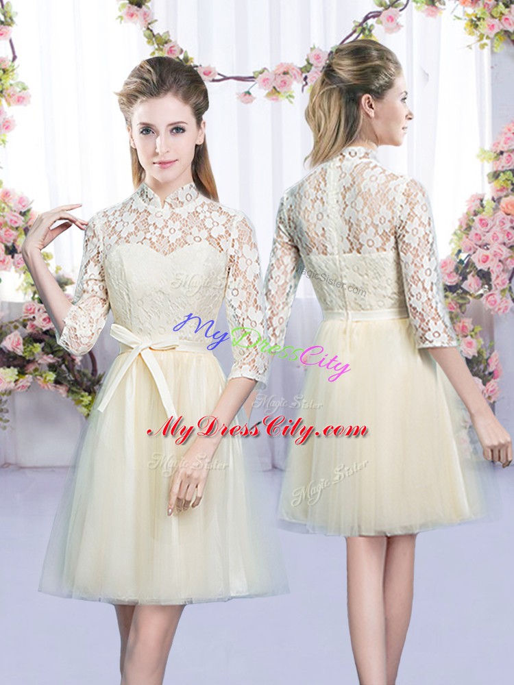 Empire Quinceanera Court Dresses Champagne High-neck Tulle Half Sleeves Mini Length Lace Up