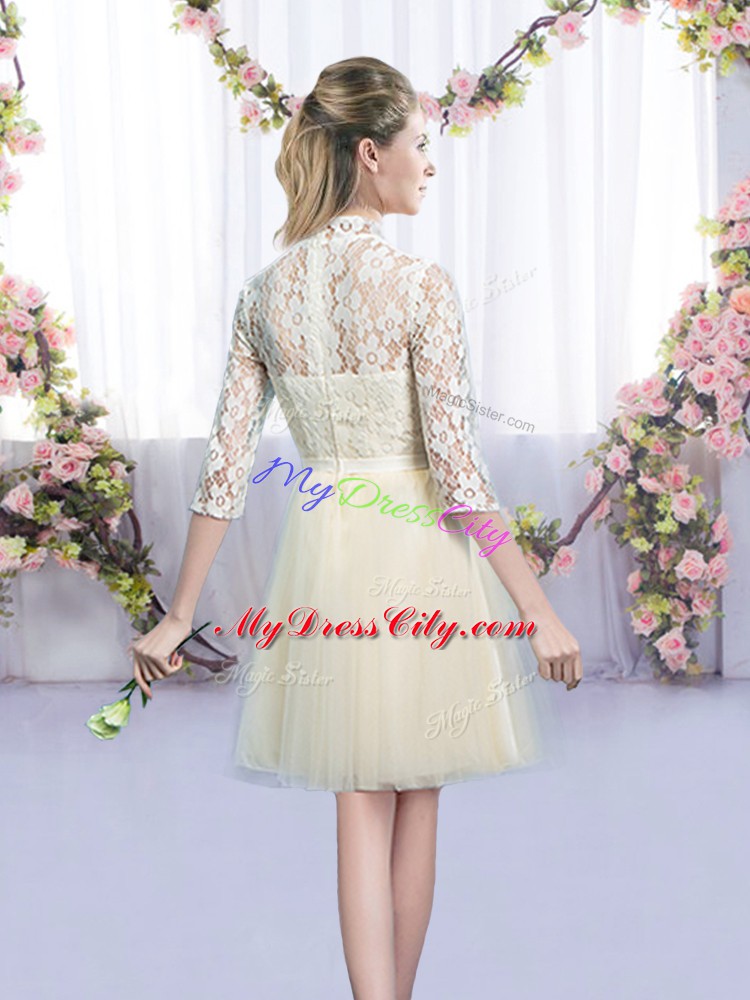 Empire Quinceanera Court Dresses Champagne High-neck Tulle Half Sleeves Mini Length Lace Up