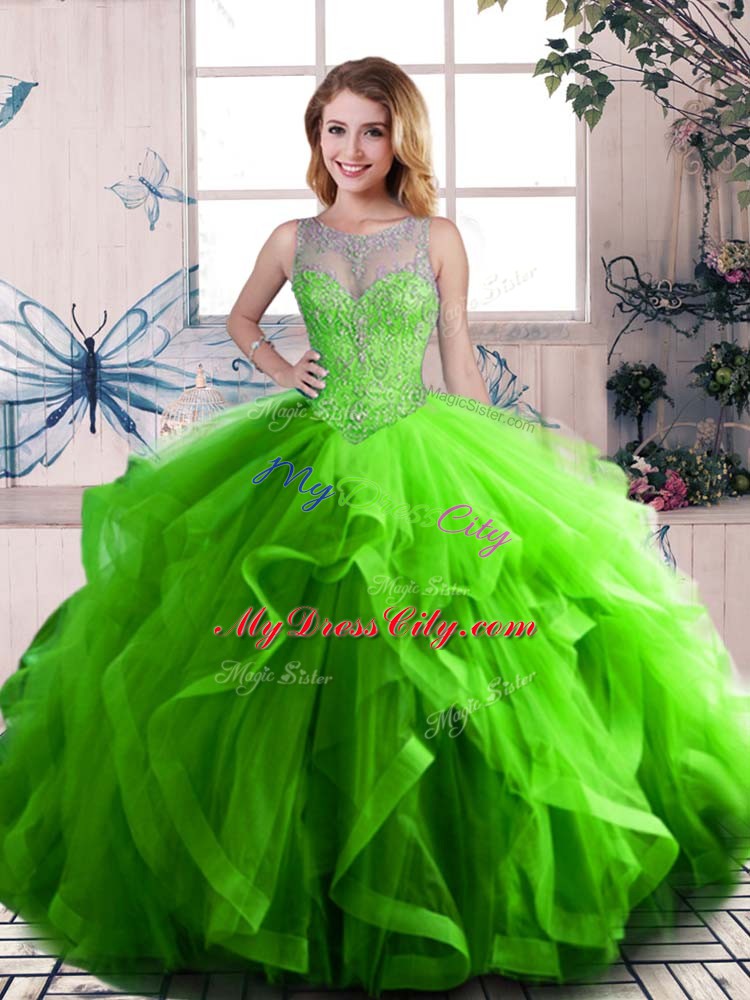 Sleeveless Tulle Lace Up Sweet 16 Quinceanera Dress in Green with Beading and Ruffles