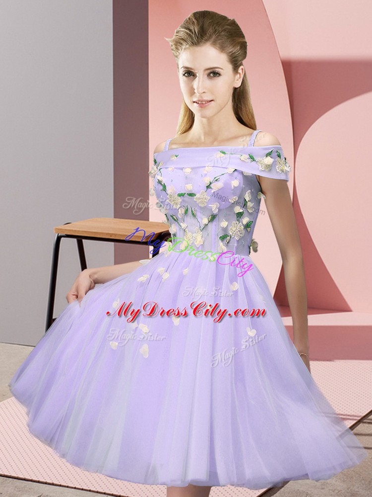 Custom Design Lavender Empire Appliques Dama Dress Lace Up Tulle Short Sleeves Knee Length