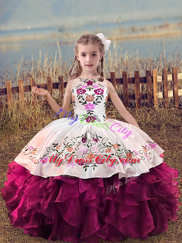 Elegant Fuchsia Ball Gowns Embroidery and Ruffles Little Girls Pageant Gowns Lace Up Organza Sleeveless Floor Length