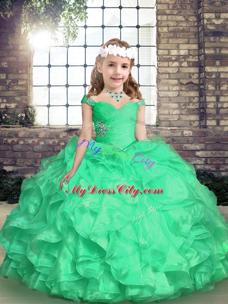 Turquoise Organza Lace Up Pageant Dress Toddler Sleeveless Floor Length Embroidery and Ruffles and Ruching