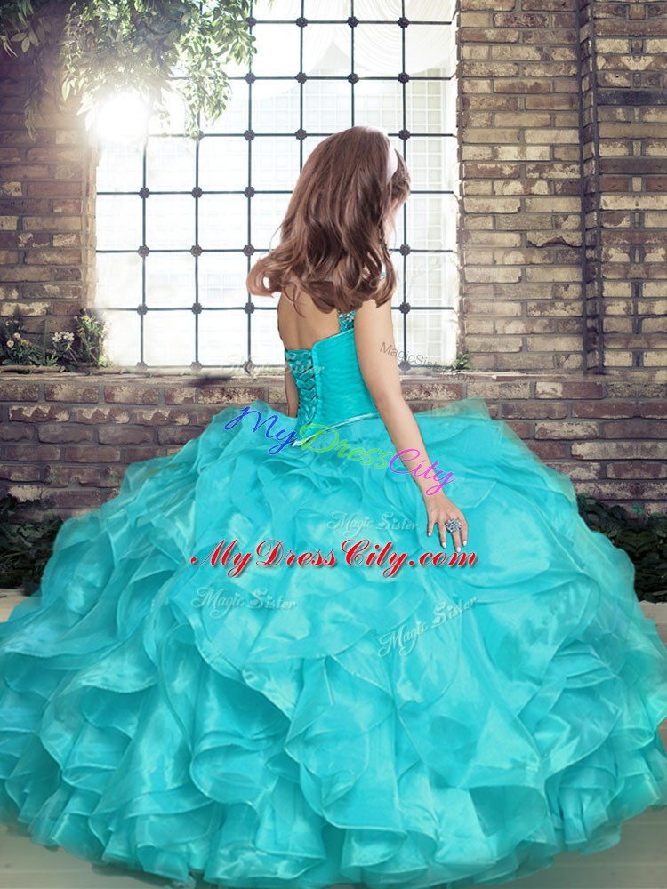 Turquoise Organza Lace Up Pageant Dress Toddler Sleeveless Floor Length Embroidery and Ruffles and Ruching