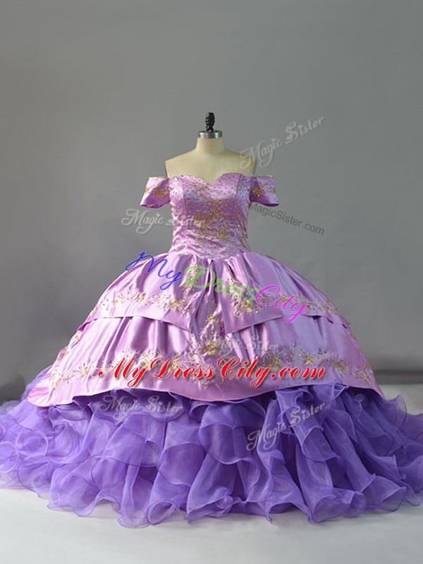 Lavender Off The Shoulder Lace Up Embroidery and Ruffles 15th Birthday Dress Chapel Train Sleeveless