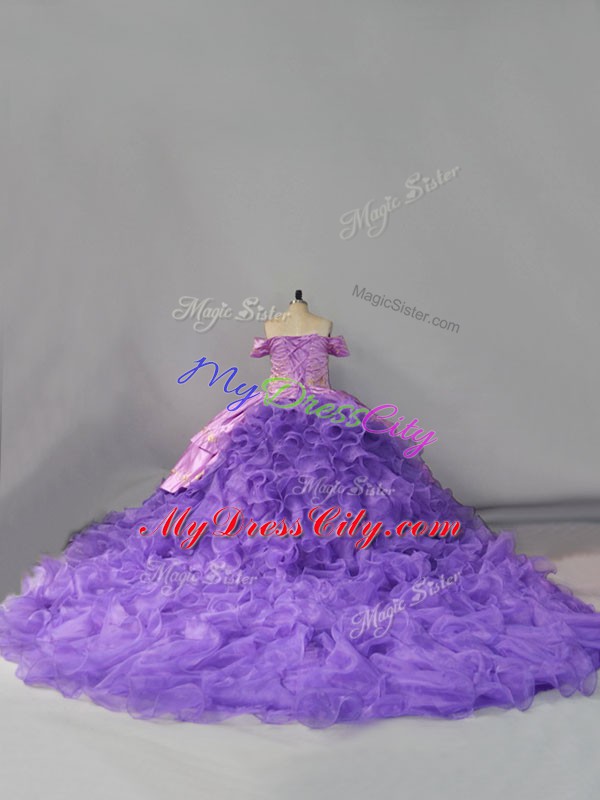 Lavender Off The Shoulder Lace Up Embroidery and Ruffles 15th Birthday Dress Chapel Train Sleeveless