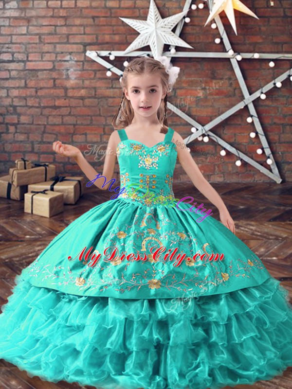 Turquoise Ball Gowns Straps Sleeveless Satin and Organza Floor Length Lace Up Embroidery and Ruffled Layers Little Girls Pageant Dress Wholesale